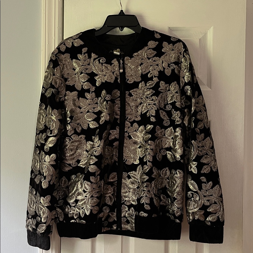 Joan Boyce Black and Silver Sequin Bomber Jacket Size L